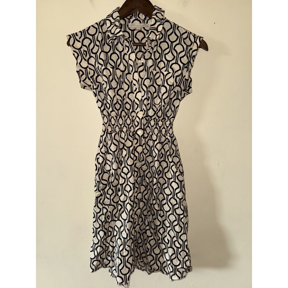Monteau Los Angeles Geometric Print Smocked Waist Shirt Dress Black Cream S
